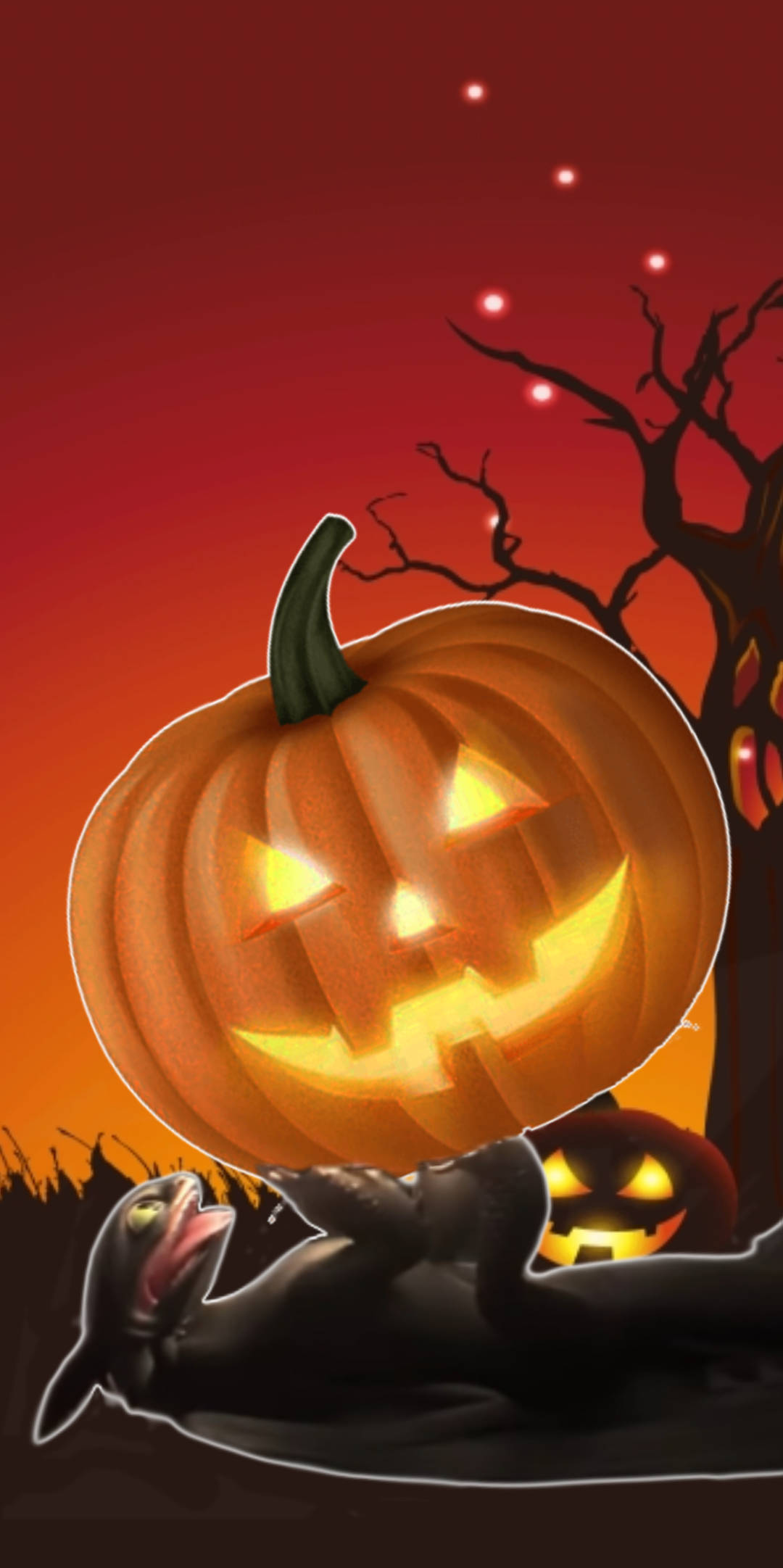 Halloween Phone 桌布 壁紙 — 一個發光的傑克南瓜燈帶著頑皮的笑容，主宰著火紅色的天空，一隻黑貓在它下方光禿的樹木附近跳躍。