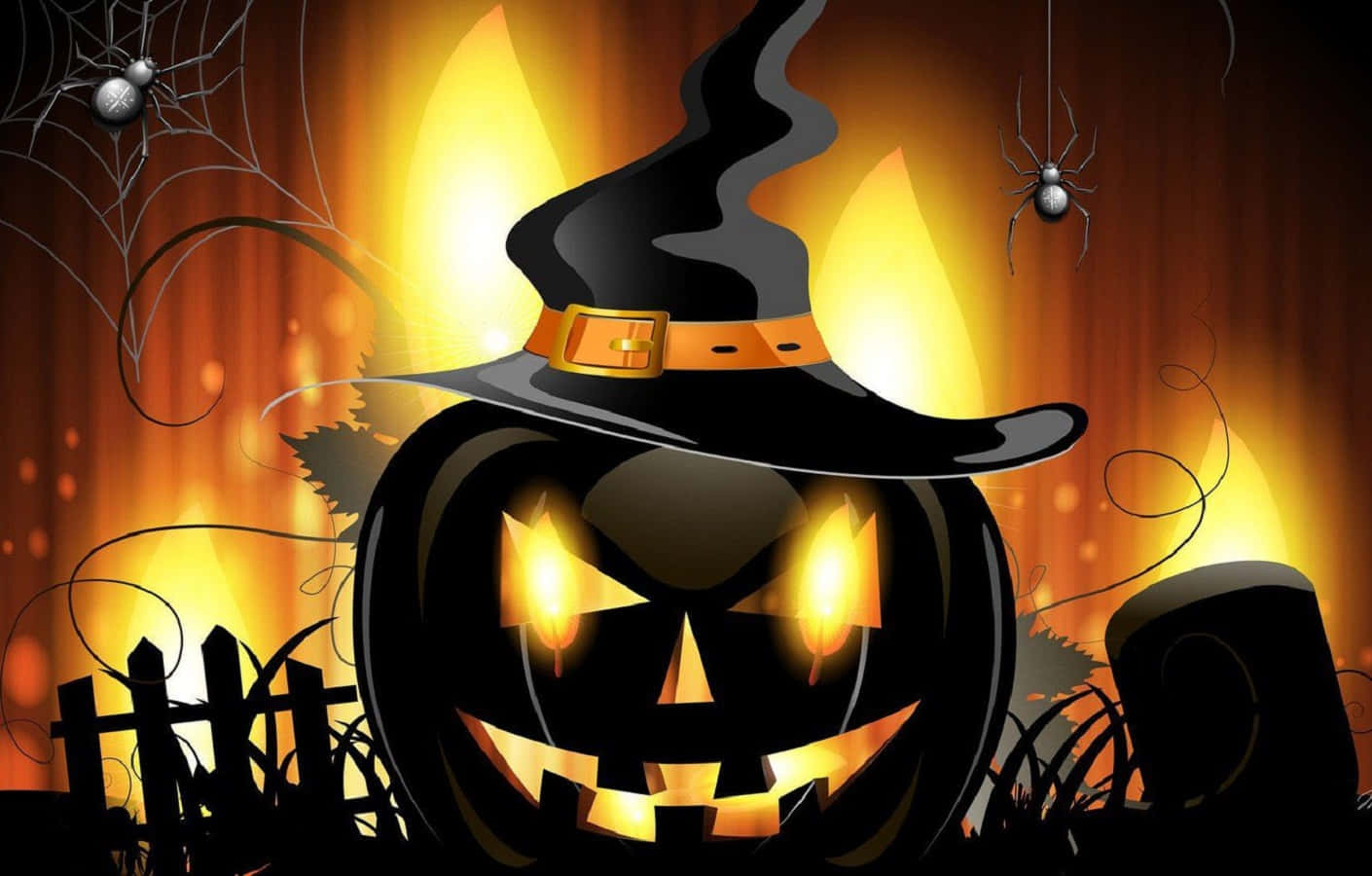 Witch Hats 桌布 壁紙 — 一個發光的傑克南瓜燈戴著女巫帽，帶有蜘蛛和蜘蛛網，背景是火熱的橙色。