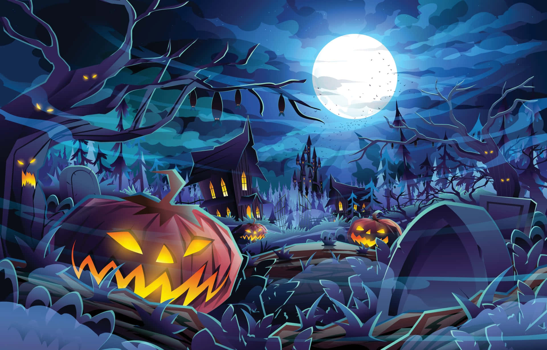 Halloween Profile 桌布 壁紙 — 一個發光的傑克南瓜燈放在一個陰森的墓園裡，滿月下，背景有鬼樹和恐怖房屋。