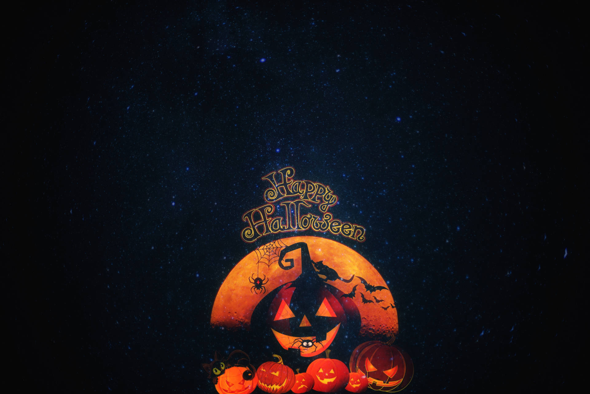 Happy Halloween 文字在發光的南瓜月亮上，女巫和蝙蝠在星空下。 — 5K 壁紙