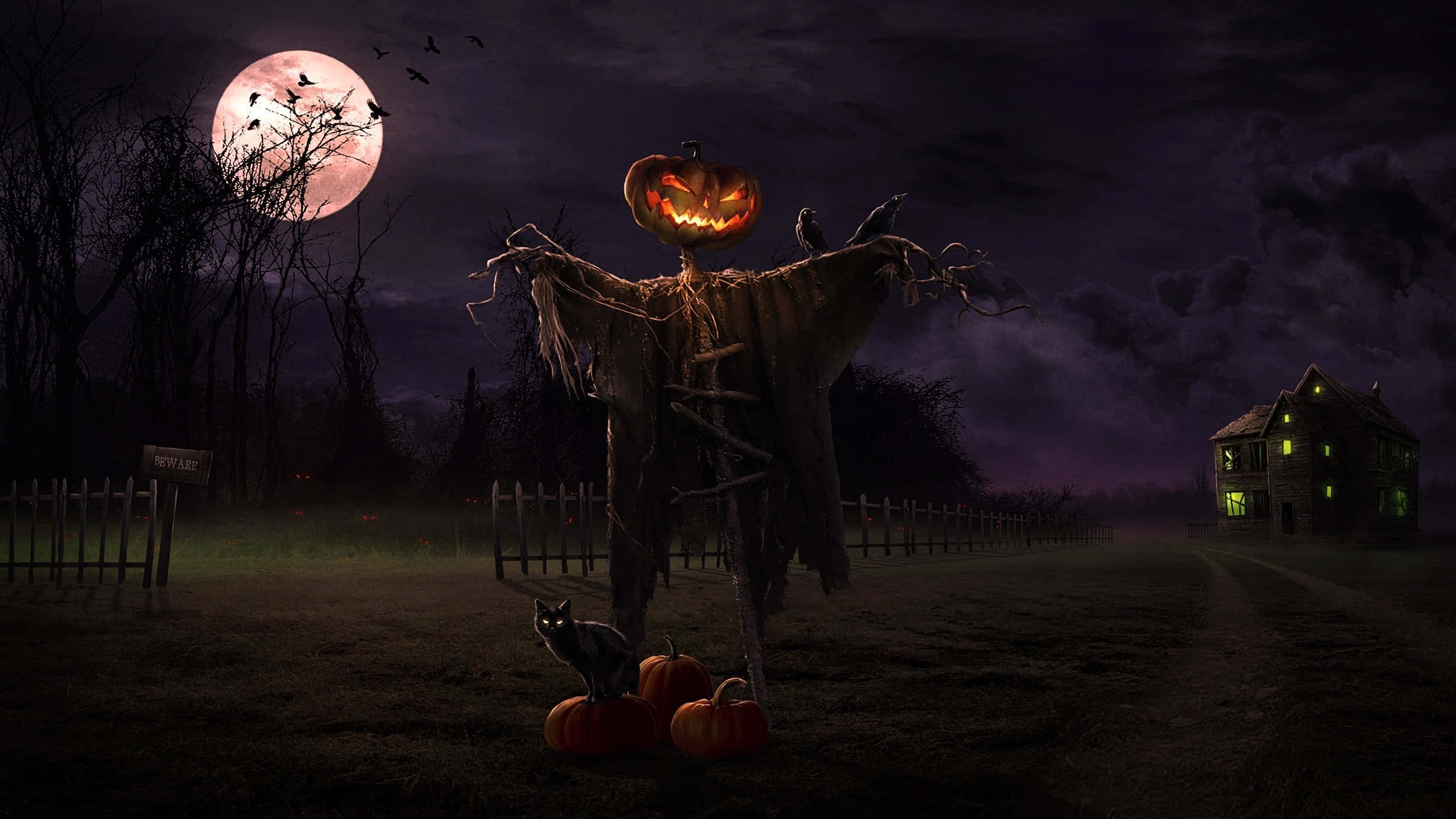 Halloween Macbook 桌布 壁紙 — 一個發光的傑克南瓜燈稻草人站在霧氣瀰漫的墓園中，血紅色的月亮下蝙蝠在頭頂飛翔。