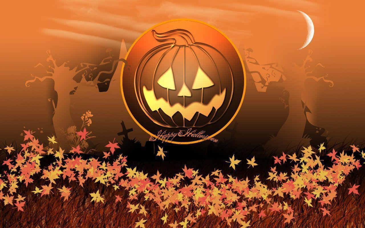 Happy Halloween 桌布 壁紙 — 一個發光的傑克南瓜燈鑲在金框內，漂浮在彎月下的秋葉之上。
