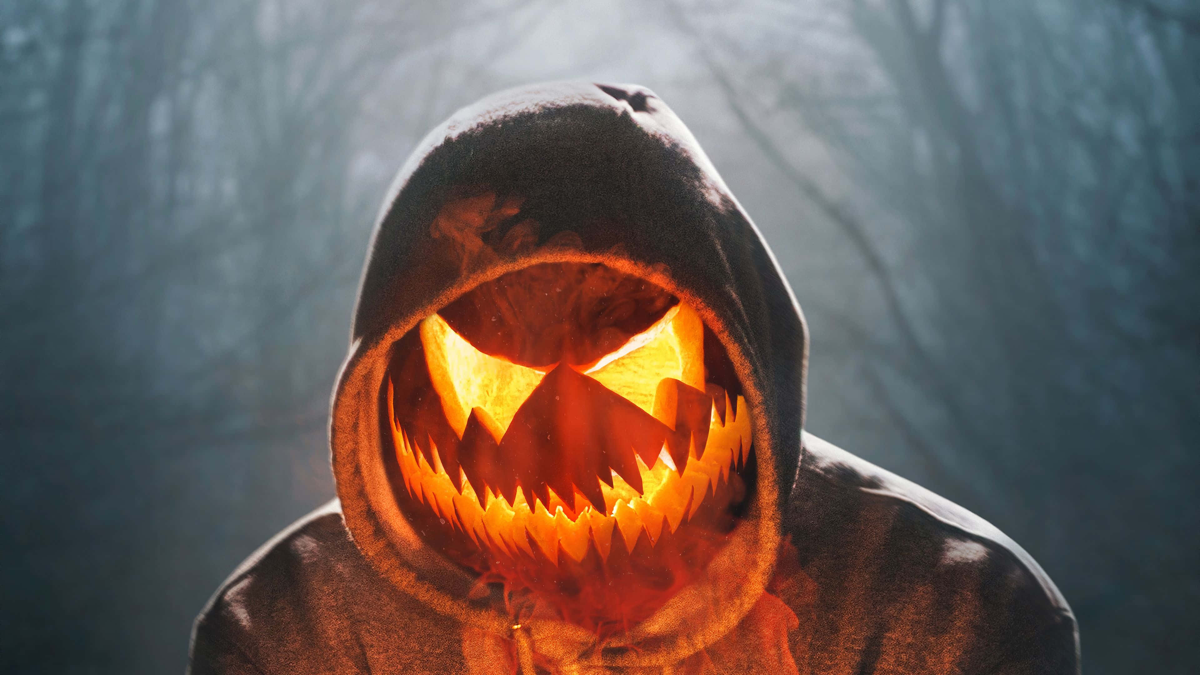 Halloween Masks 桌布 壁紙 — 一個發光的傑克南瓜燈面孔從黑暗的連帽斗篷中窺視，在夜晚的霧氣森林中。