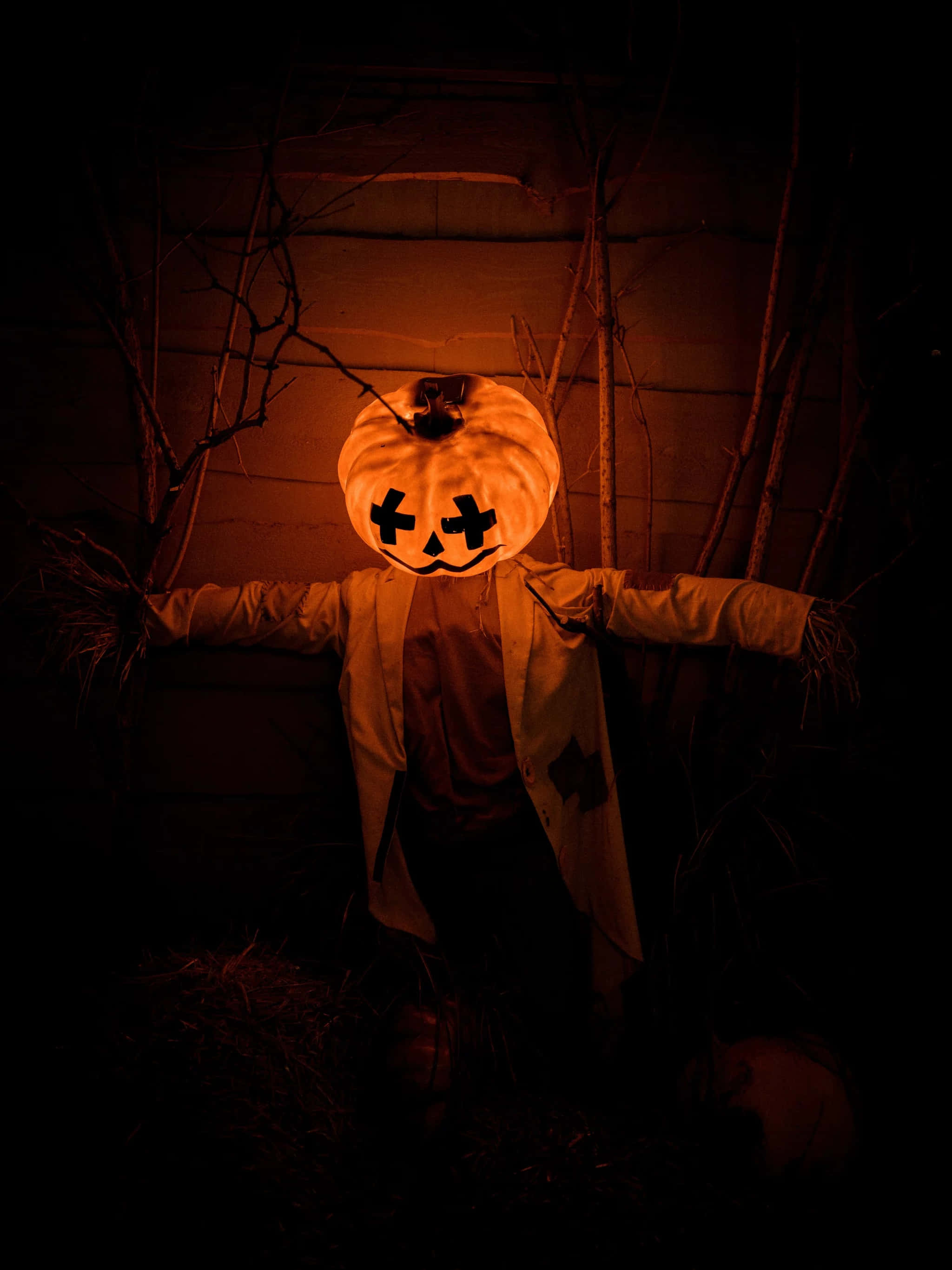 Halloween Phone 桌布 壁紙 — 一個發光的傑克南瓜燈頭在夜間照亮了黑暗木牆前的稻草人形象。