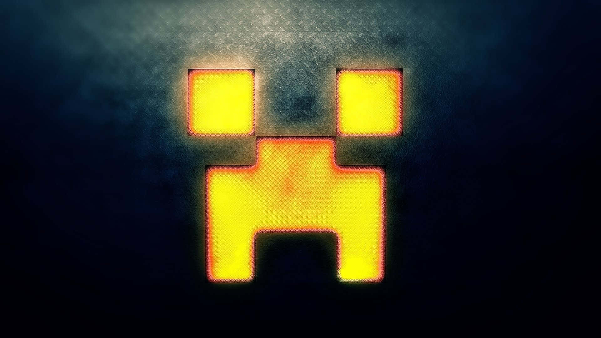 Minecraft Characters 桌布 壁紙 — 一個發光的像素化爬行者臉孔在黑暗煙霧背景中發出熾熱的橙色光芒。