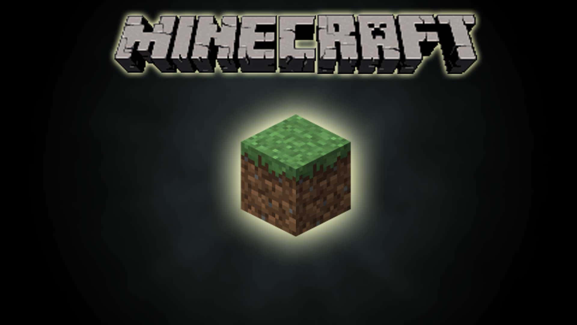 桌布 壁紙 — 一個發光的像素化草地塊，居中位於Minecraft標誌下方，背景為深色。