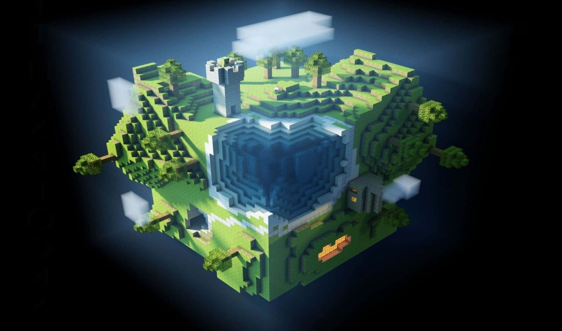 3d Art 桌布 壁紙 — 一個發光的像素島嶼，中央有一個藍色湖泊，周圍有綠色方塊樹木和一座城堡，在浮雲之下。
