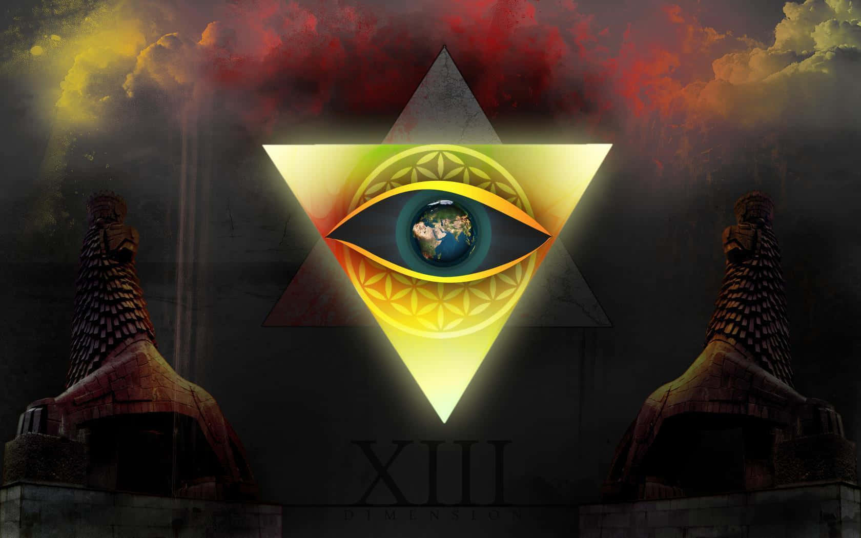 illuminati 桌布 壁紙 — 一個發光的全視之眼，瞳孔是地球，位於一個三角形內，兩側有兩個石獅身人面像，天空火紅。