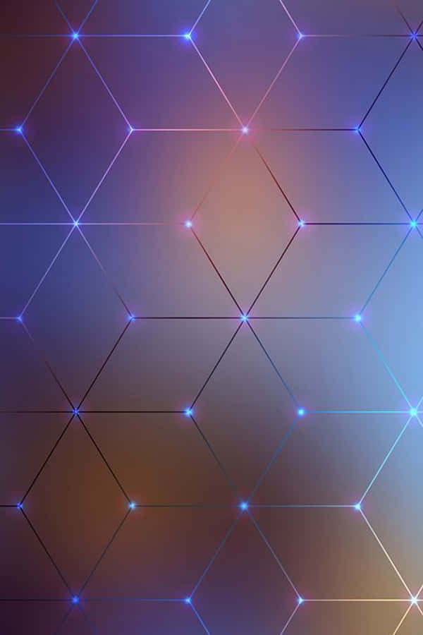 connected 桌布 壁紙 — 一個發光的六邊形網格，帶有霓虹藍色和粉紅色的節點，背景為紫色和橙色的漸層。