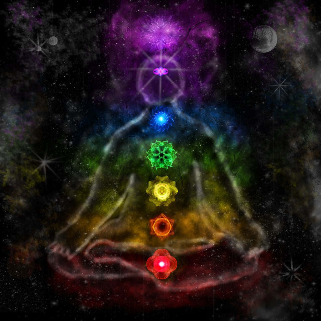 chakra 桌布 壁紙 — 一個發光的冥想人物剪影，七個彩色脈輪垂直排列，背景是星光燦爛的宇宙。
