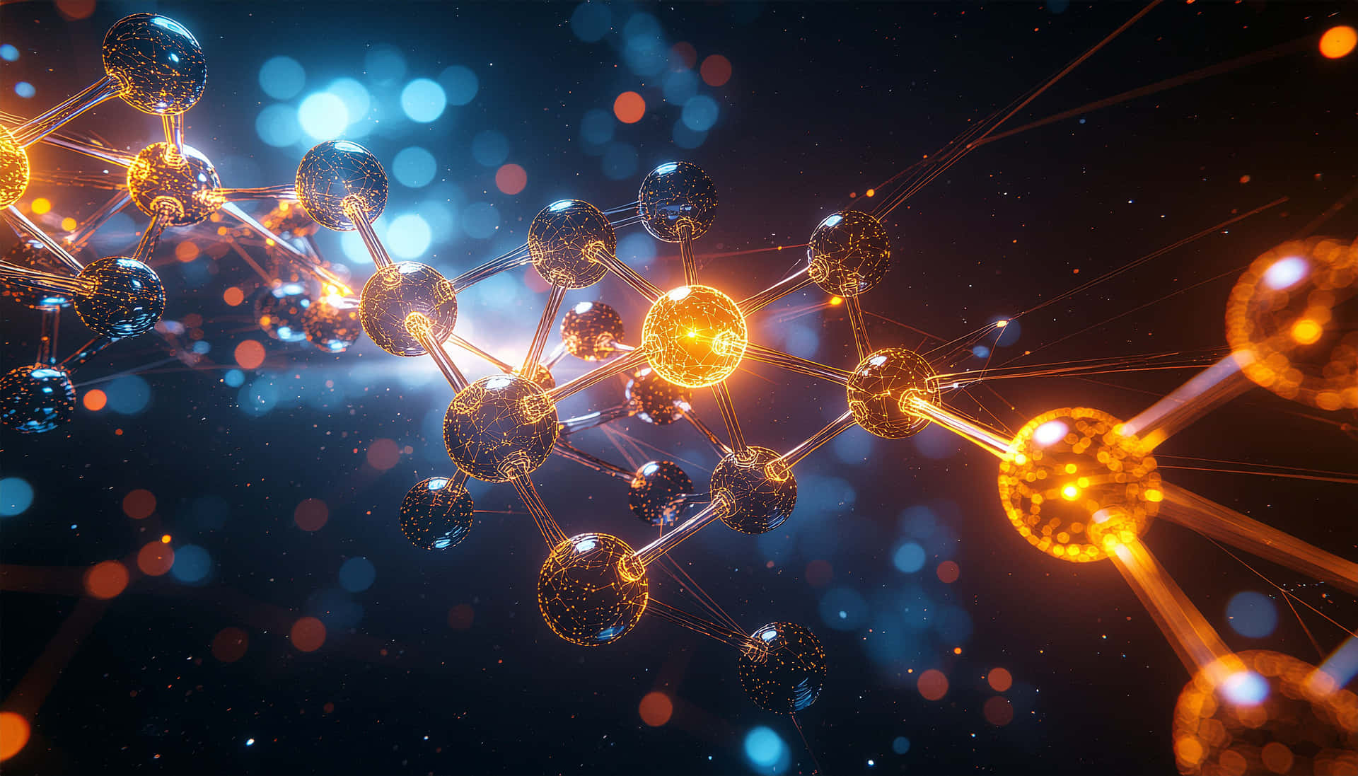 Molecular Bond Glow 壁紙 — 一個發光的分子結構，金色和藍色的球體由棒狀連接，漂浮在星光宇宙背景上，帶有散景燈光。