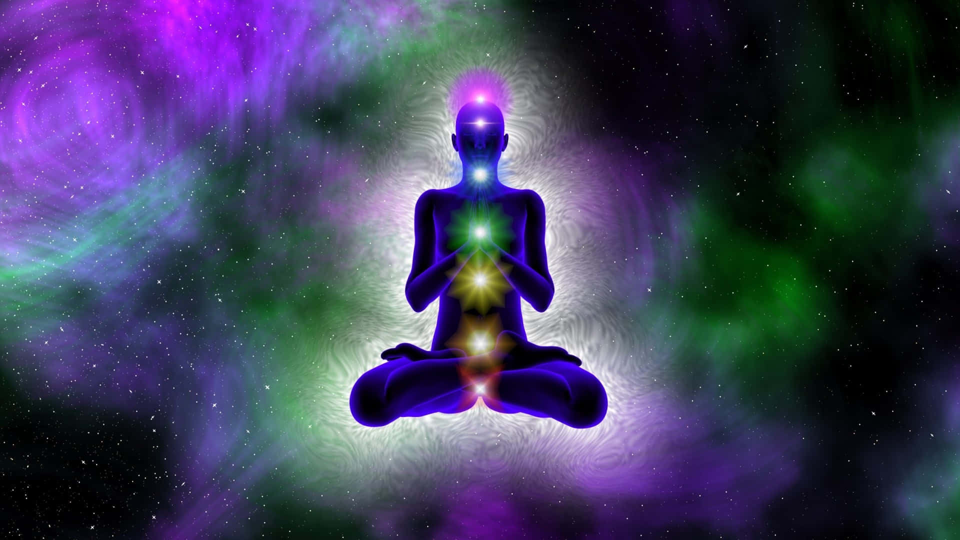 Spirituality 桌布 壁紙 — 一個發光的剪影在宇宙空間中冥想，周圍有充滿活力的紫色和綠色星雲旋轉。