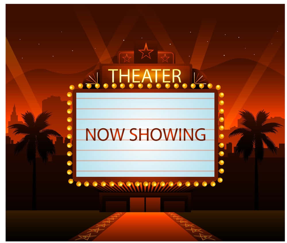 電影動圖 桌布 壁紙 — 一個發光的劇院招牌，上面寫著「NOW SHOWING」，矗立在溫暖的橙色日落天空下，周圍環繞著棕櫚樹和城市剪影。