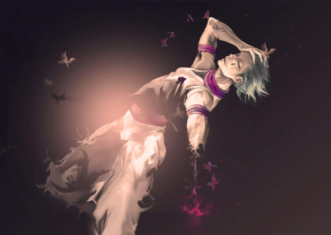 Hisoka Morow 桌布 壁紙 — 一個發光的動漫人物，銀色頭髮和紫色帶子，在黑暗背景下漂浮在蝴蝶之間。