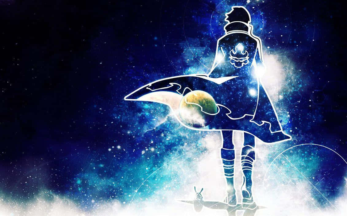 Gurren Lagann Simon 桌布 壁紙 — 一個發光的動漫人物在宇宙背景下以剪影站立，披風中抱著一顆行星。