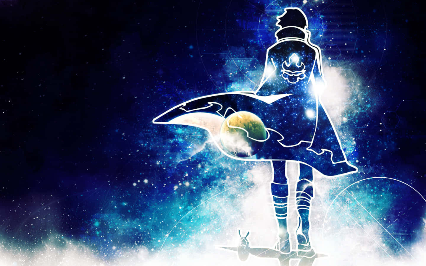 動漫男孩 桌布 壁紙 — 一個發光的動漫人物站在太空中，手持一顆行星，周圍有宇宙雲霧旋轉。