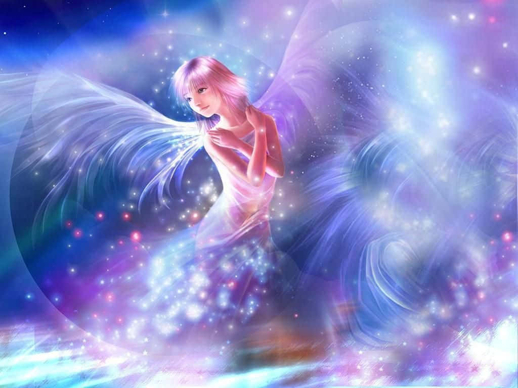 Cute Fairy 桌布 壁紙 — 一個發光的動漫天使，擁有粉紅色頭髮和半透明翅膀，漂浮在夢幻星系中旋轉的宇宙恆星和星雲之間。