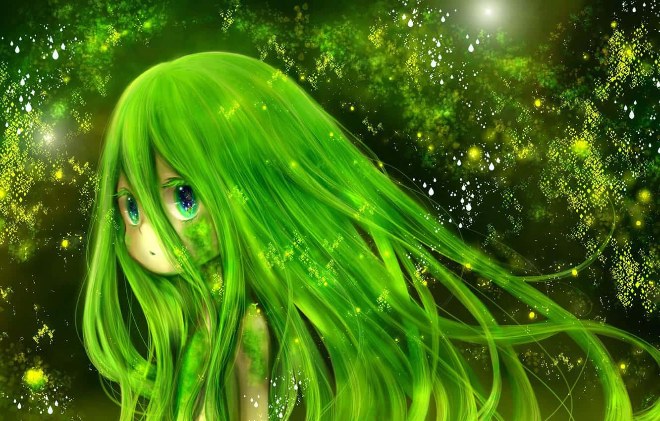可愛 桌布 壁紙 — 一個發光的動漫女孩，擁有充滿活力的綠色頭髮和眼睛，被魔法森林環境中閃爍的綠色粒子包圍。