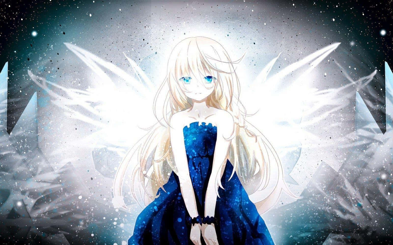 Beautiful Sad Anime 桌布 壁紙 — 一個發光的動漫女孩，擁有白色翅膀和藍色眼睛，站在星光宇宙場景中，穿著深藍色連衣裙。