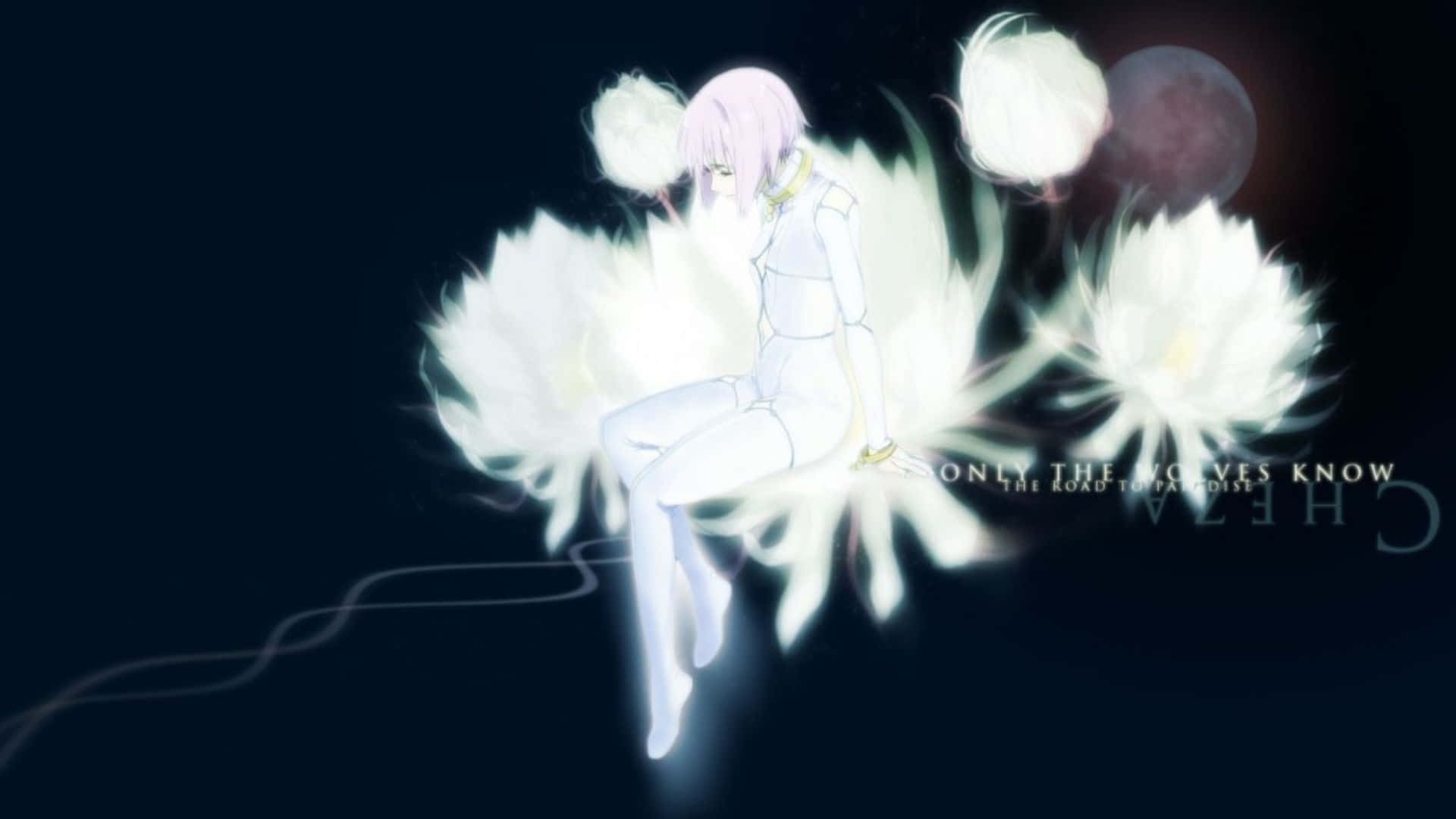 Wolf's Rain Cheza 桌布 壁紙 — 一個發光的動漫女孩，擁有白色翅膀和粉紅色頭髮，在黑暗的宇宙背景下與漂浮的球體一起寧靜地漂浮。
