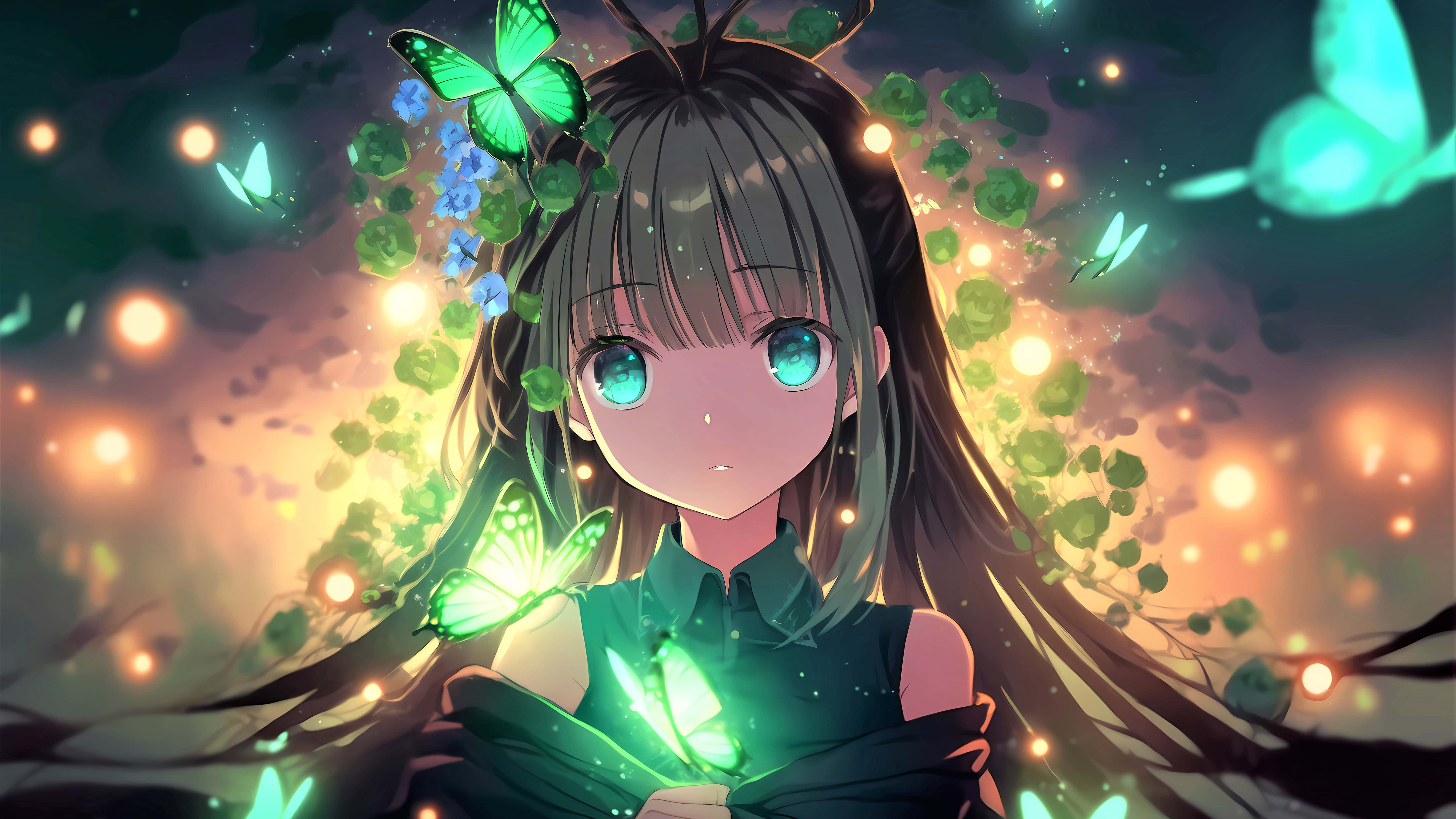 動漫女孩 桌布 壁紙 — 一個發光的動漫女孩，擁有藍綠色眼睛和綠色蝴蝶，漂浮在閃爍的光芒和飄浮的花朵之間。