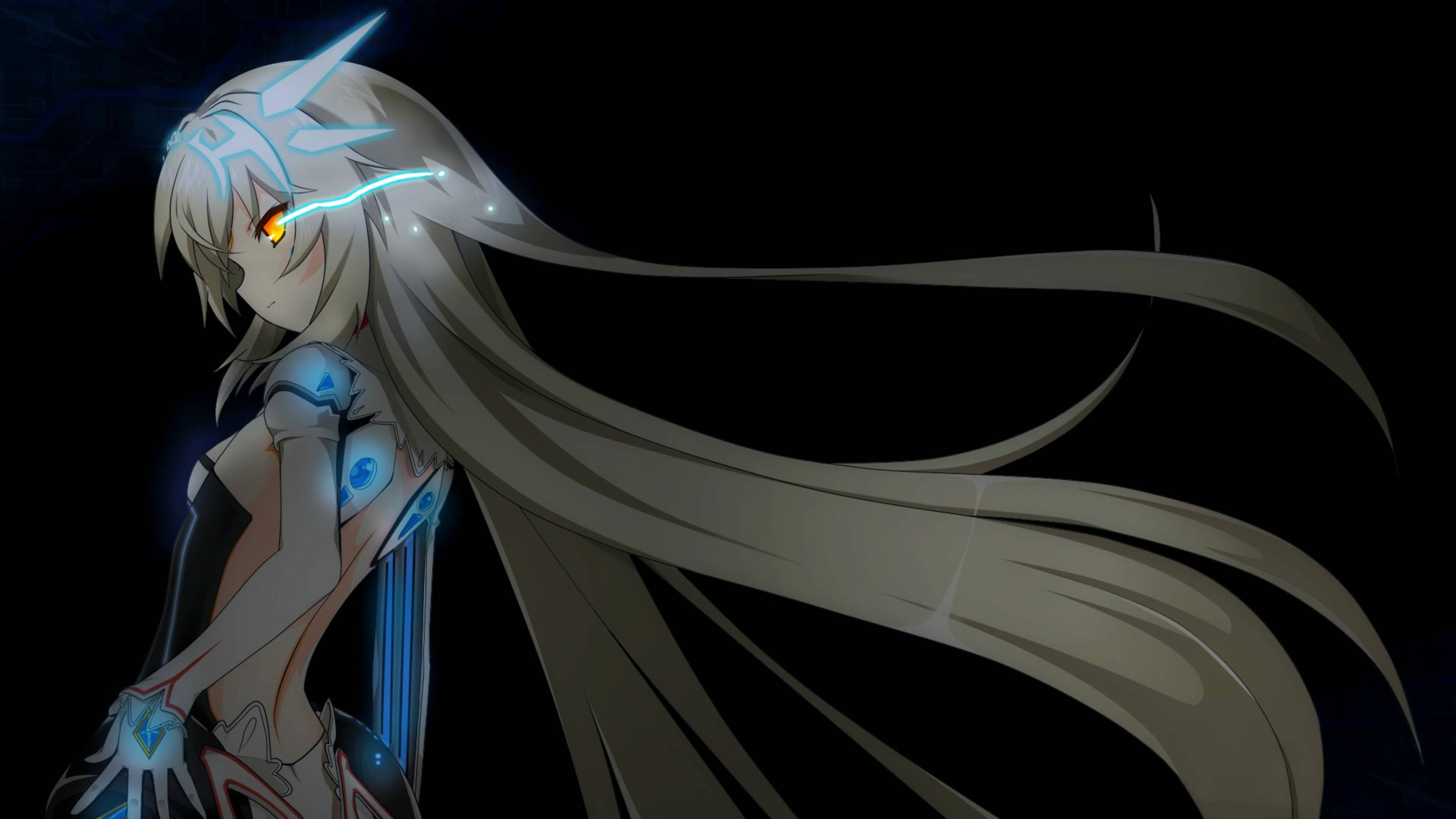 Elsword 桌布 壁紙 — 一個發光的動漫女孩，擁有長長的銀色頭髮和藍色機械感裝飾，站在黑暗中，她的橙色眼睛和飄逸的頭髮在黑色虛空中被照亮。