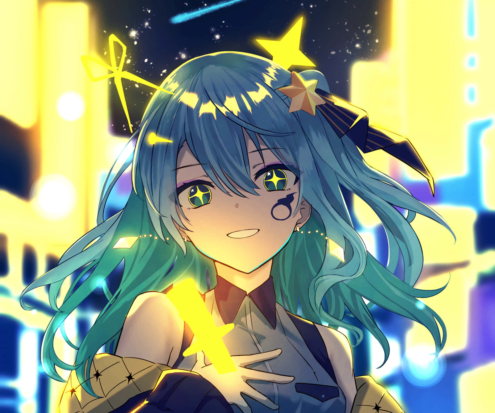 Hololive 桌布 壁紙 — 一個發光的動漫女孩，擁有青綠色頭髮和星星主題配飾，在夜晚充滿活力的霓虹城市景觀中溫暖地微笑。