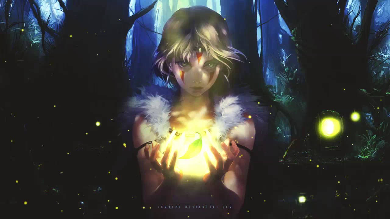 Princess 桌布 壁紙 — 一個發光的動漫女孩，白色毛領，在充滿螢火蟲的黑暗神秘森林中手持發光球體。