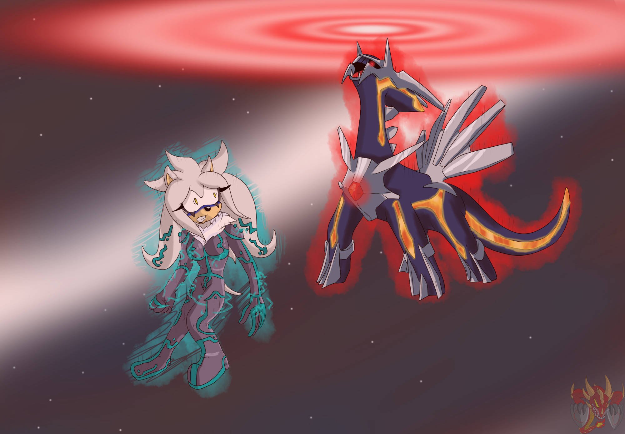 Dialga 桌布 壁紙 — 一個發光的動漫女孩，白髮和青色光環，站在一隻雄偉的深藍色和金色龍旁邊，背景是旋轉的紅色宇宙。