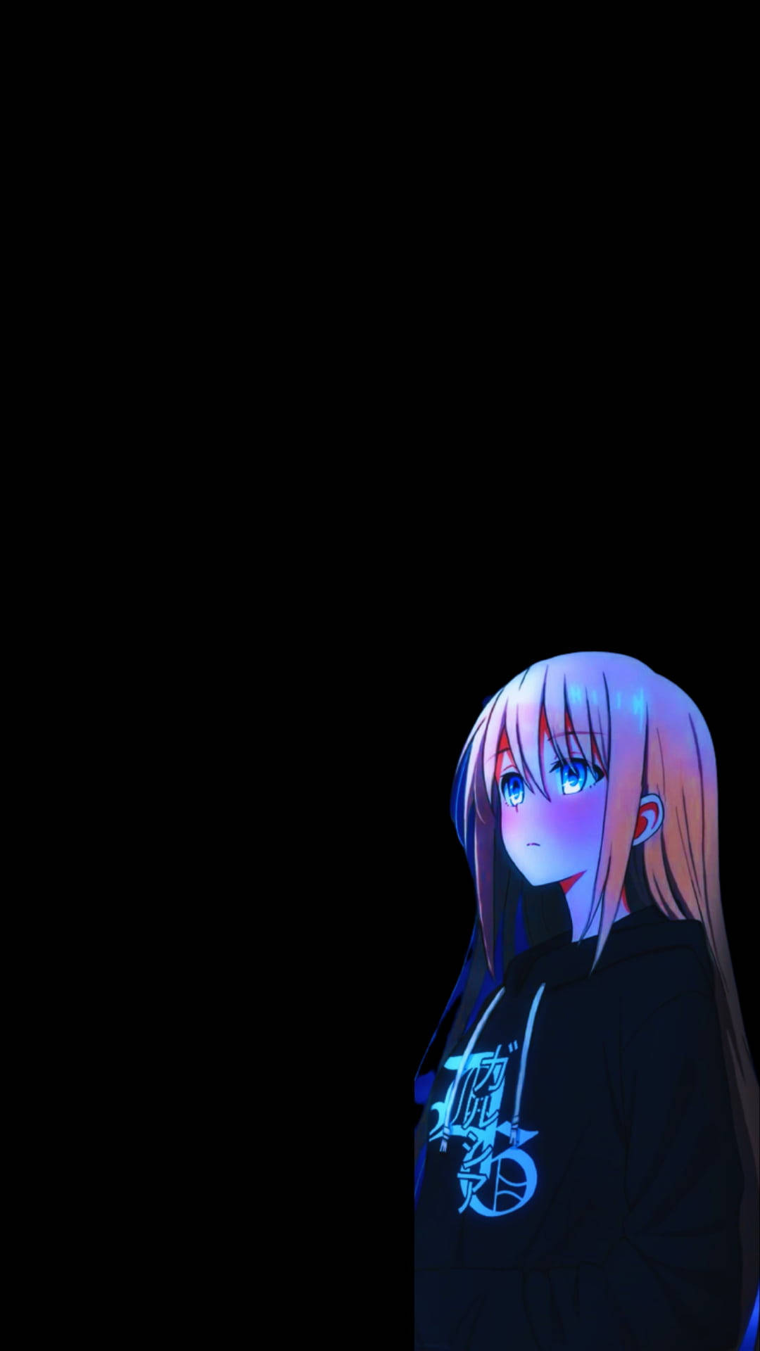 aesthetic sad anime girl 桌布 壁紙 — 一個發光的動漫女孩，粉紅色頭髮和藍色眼睛，在黑色背景下溫柔地凝視。