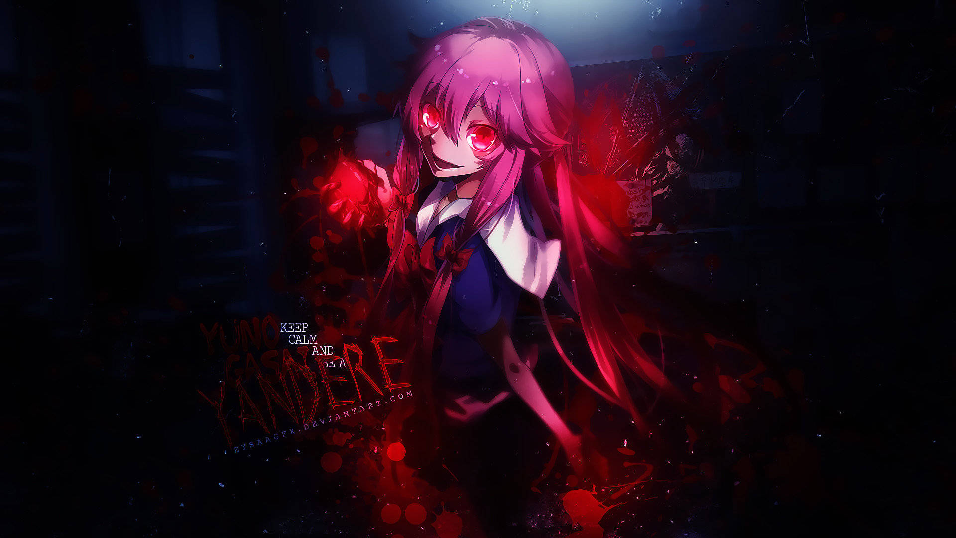 Yuno 桌布 壁紙 — 一個發光的動漫女孩，粉紅色頭髮和紅色眼睛，在一個黑暗、血跡斑斑的房間裡拿著一個紅色球體。