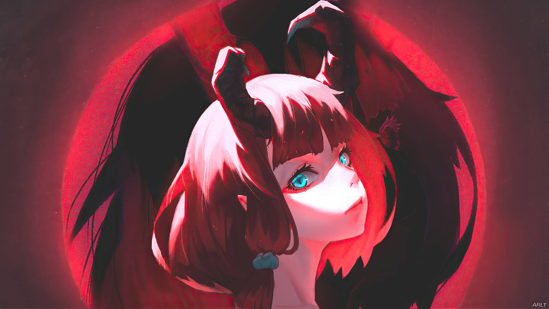 horns 桌布 壁紙 — 一個發光的動漫女孩，紅髮和角，向上凝視著一個光芒四射的紅色圓形背景。