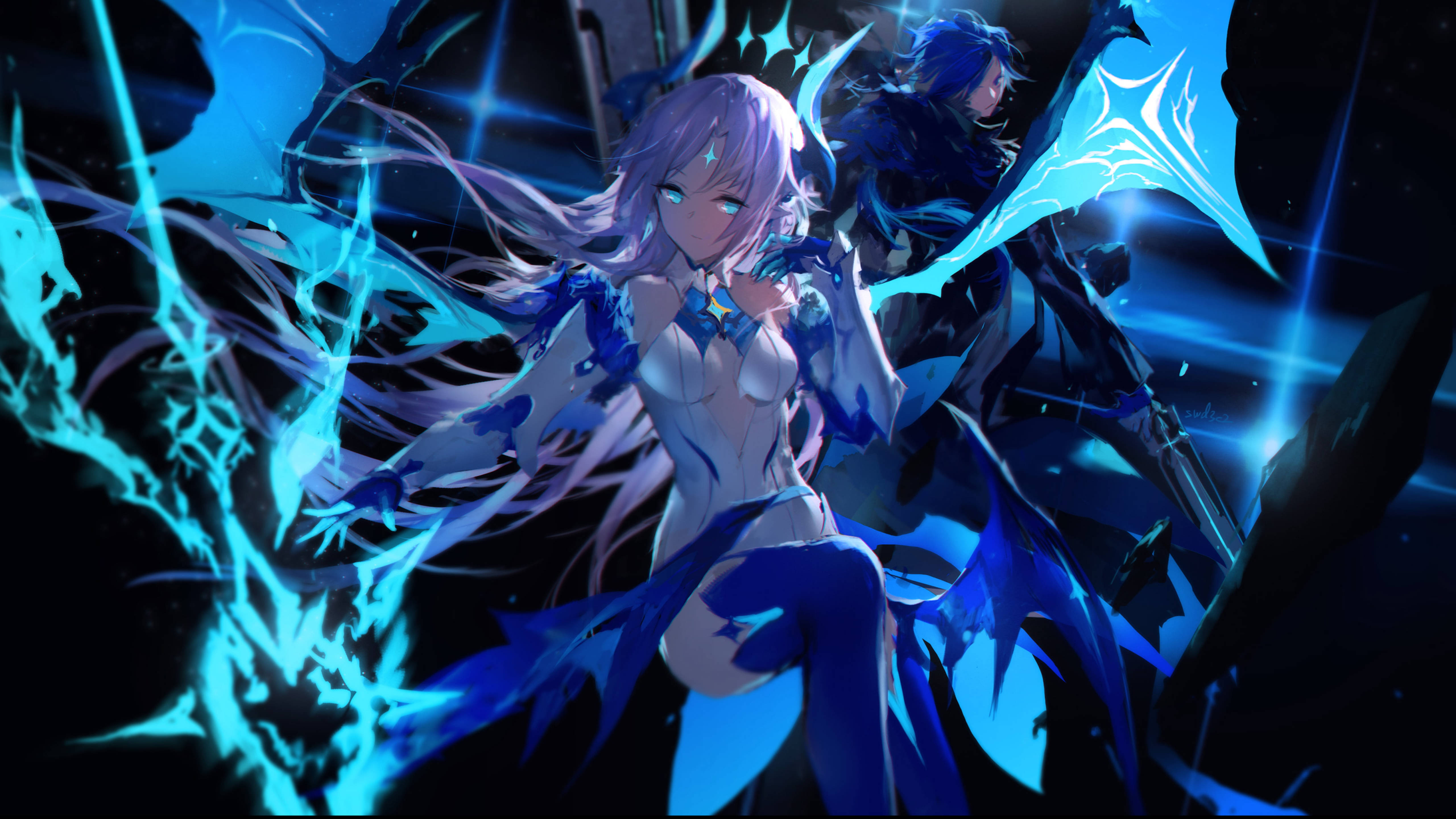Elsword 桌布 壁紙 — 一個發光的動漫女孩，紫色頭髮和藍色能量翅膀，自信地站在一個黑暗電藍色奇幻場景中的戰士旁邊。