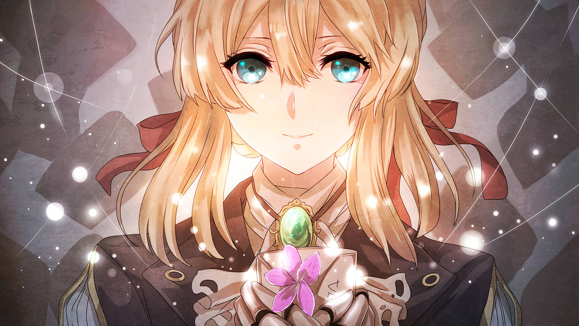 Top Anime 桌布 壁紙 — 一個發光的動漫女孩，金色頭髮和藍色眼睛，在閃爍的幾何背景上拿著一朵粉紅色的花。