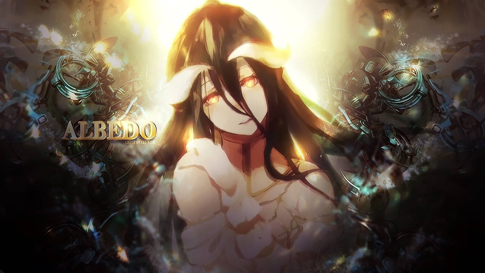 Overlord 桌布 壁紙 — 一個發光的動漫女孩，長長的黑髮和紅色的眼睛，站在機械碎片中，沐浴在燦爛的金色光芒下。