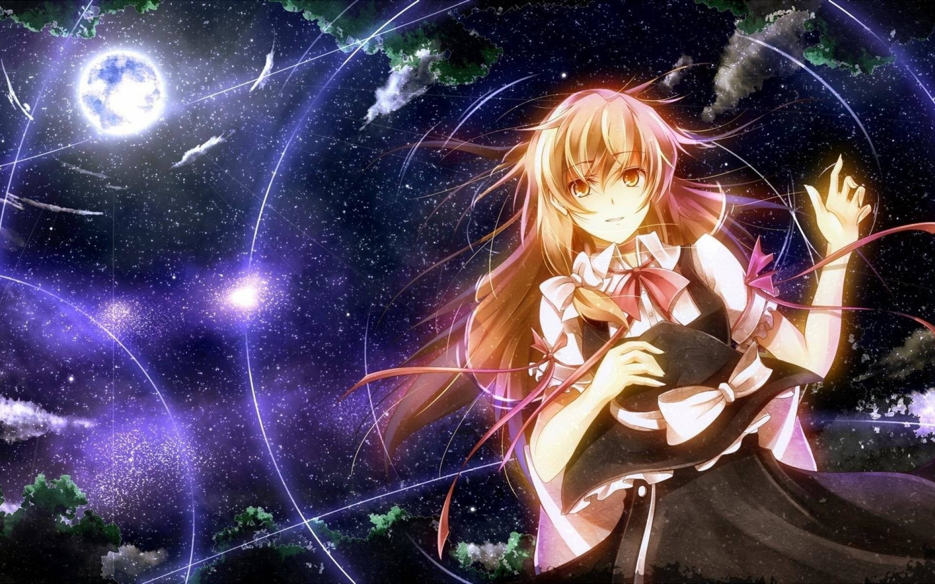 東方 桌布 壁紙 — 一個發光的動漫女孩，長髮飄逸，站在充滿星星和旋轉能量軌跡的宇宙夜空中。