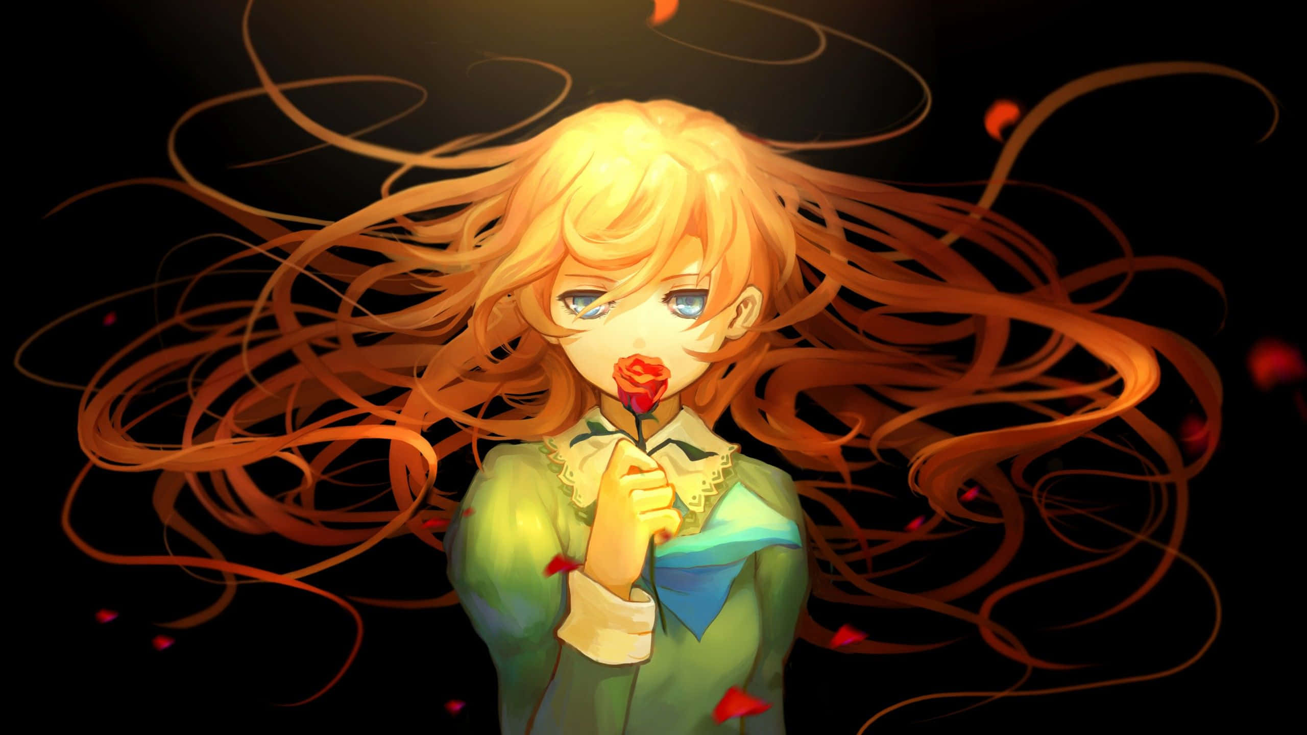 Aesthetic YouTube Banner 桌布 壁紙 — 一個發光的動漫女孩，飄逸的金色頭髮，在黑暗背景中手持一朵紅玫瑰，周圍有飄浮的花瓣。