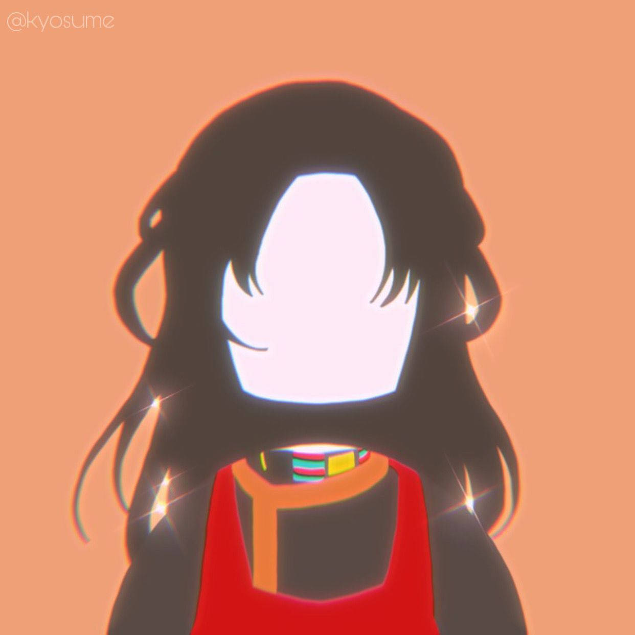 藝術 桌布 壁紙 — 一個發光的動漫女孩剪影，長長的黑髮和紅色上衣，背景是溫暖的橙色。