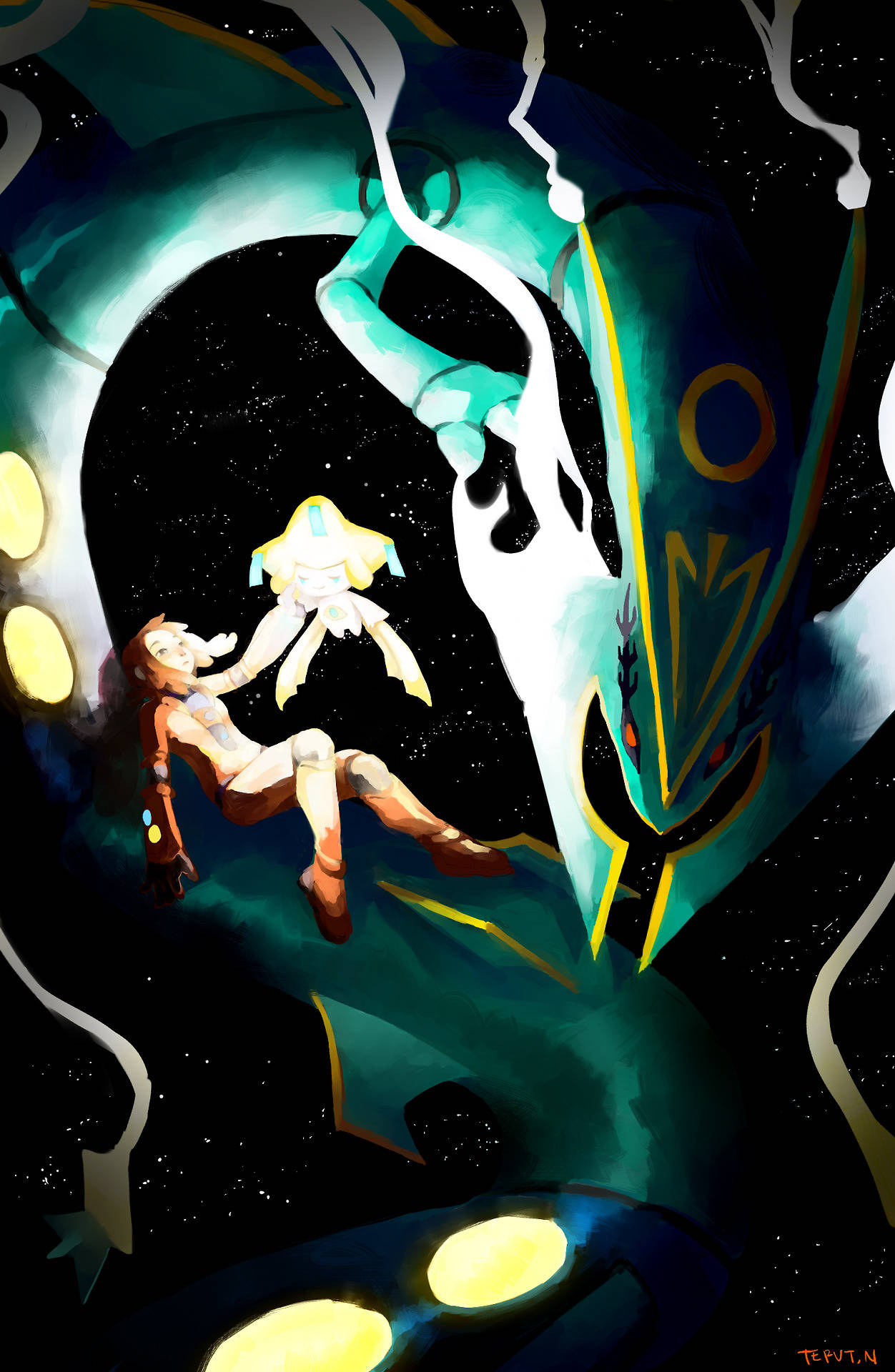 Rayquaza 桌布 壁紙 — 一個發光的動漫女孩漂浮在太空中，旁邊是一個巨大的青綠色外星生物，帶有黃色點綴和星空虛空背景。