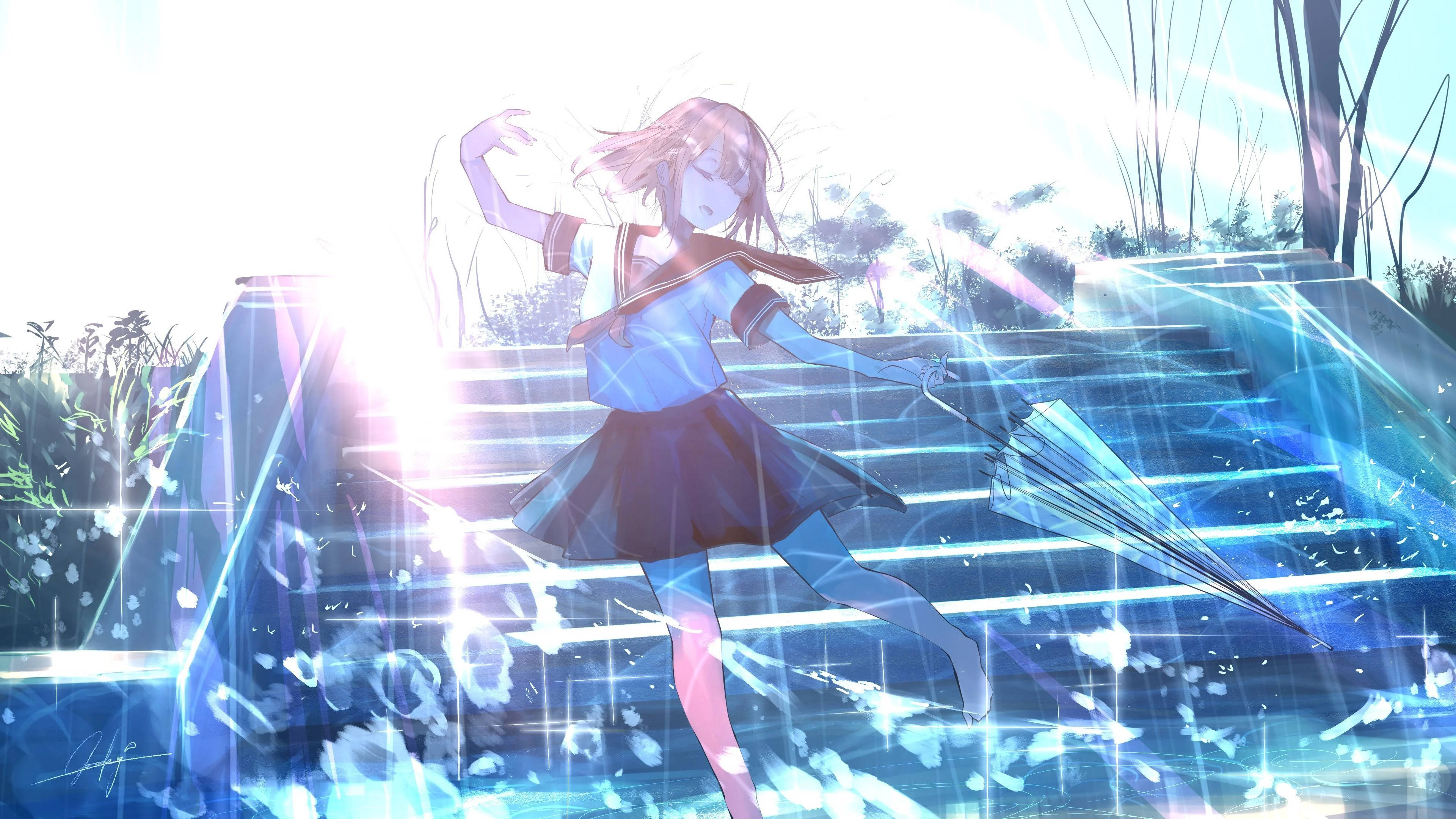 anime dance 桌布 壁紙 — 一個發光的動漫女孩穿著校服，在發光的藍色樓梯上，在燦爛的陽光下跳舞。