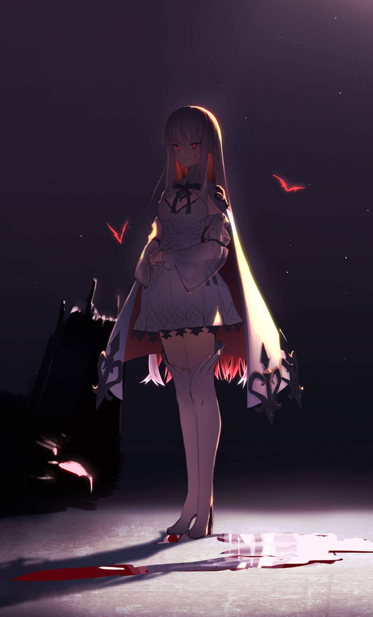 Sad Demon Girl 桌布 壁紙 — 一個發光的動漫女孩穿著白色連衣裙，站在黑暗的天空下，紅色蝙蝠在她周圍飛舞。