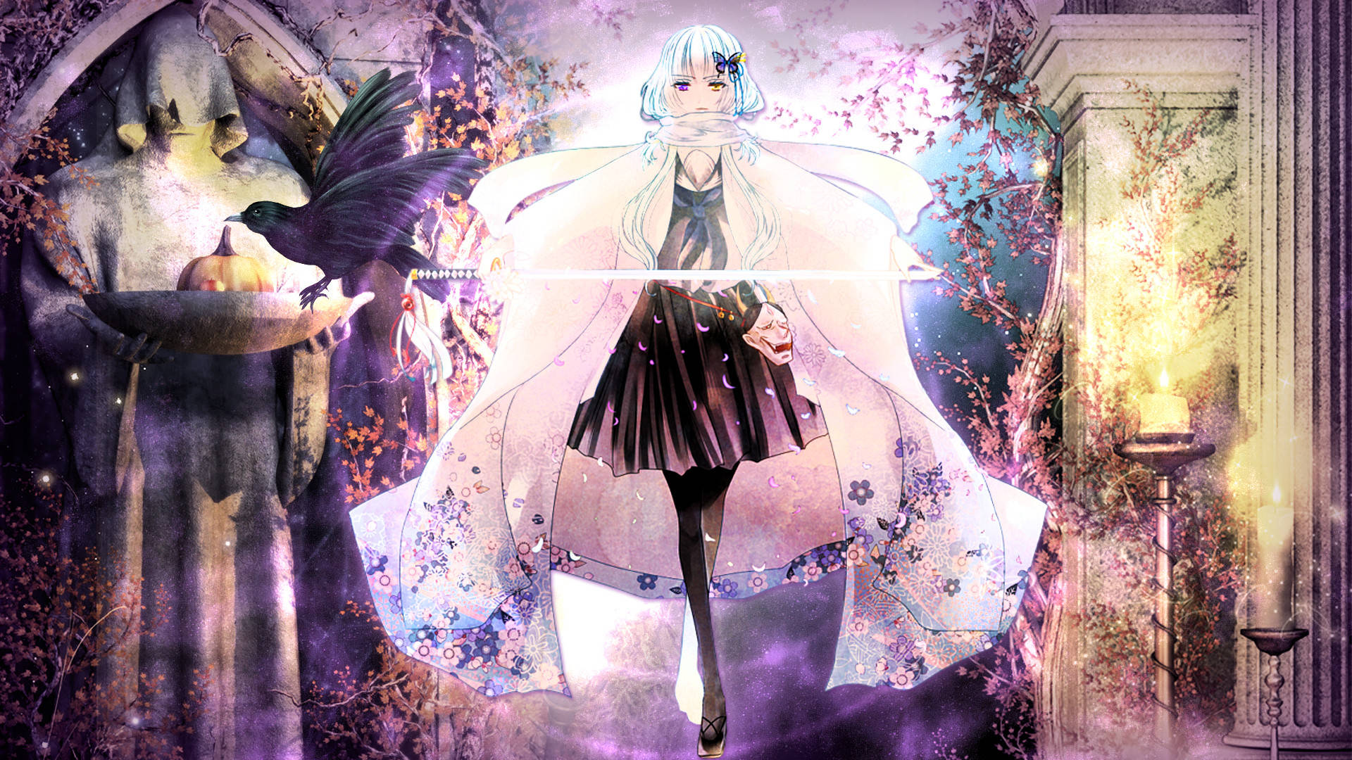 Anime Pc 桌布 壁紙 — 一個發光的動漫女孩穿著花卉外套，站在一個神秘的拱門中，周圍有烏鴉和秋天的樹葉旋轉。
