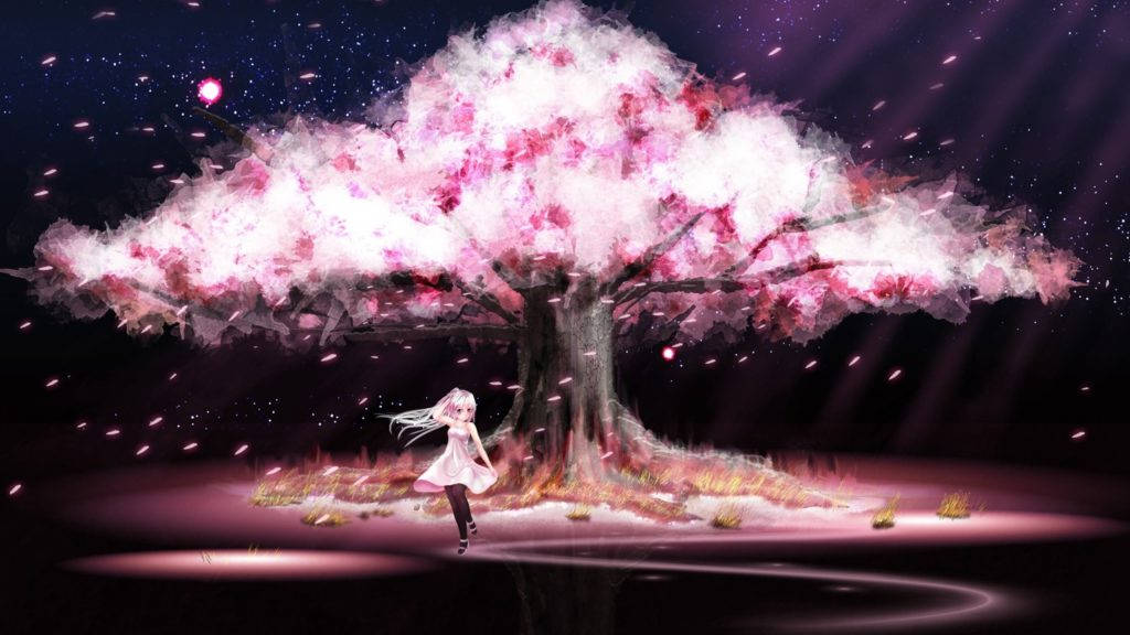 Anime Pc 桌布 壁紙 — 一個發光的動漫女孩站在一棵巨大的櫻花樹下，櫻花樹在繁星點點的夜空中散發出粉紅色的光芒。