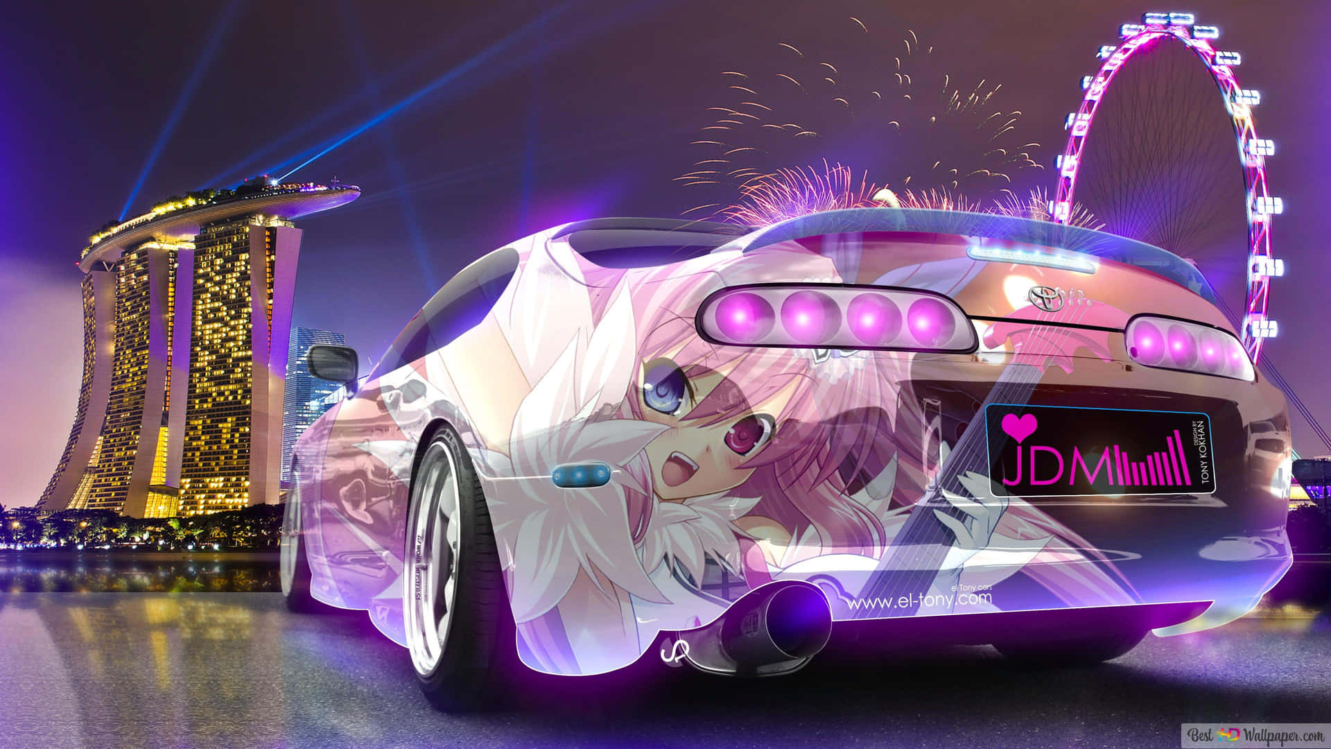 夜間在摩天輪和濱海灣金沙附近，發光的汽車上的動漫女孩。 — Toyota Supra Mk4 壁紙
