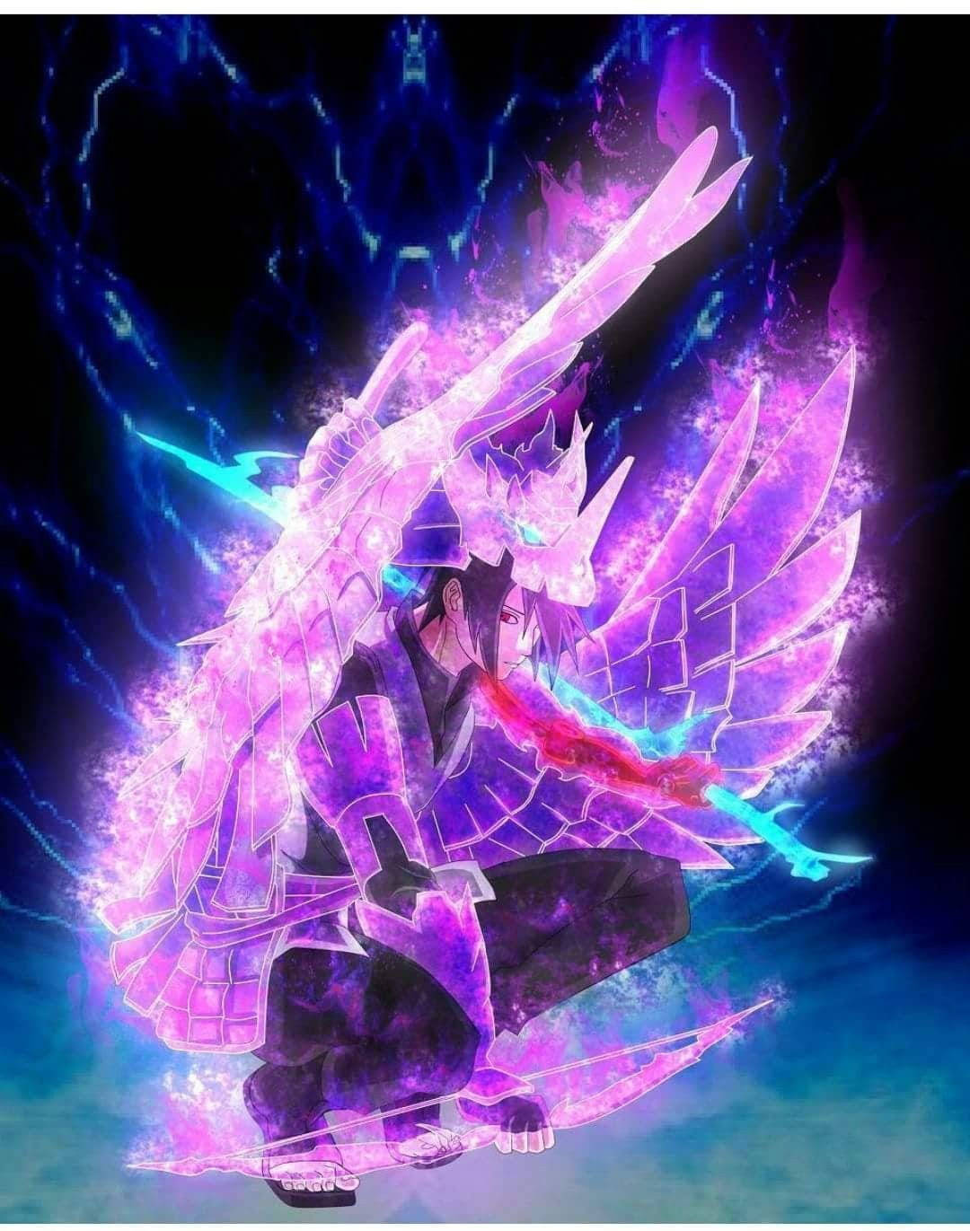 Sasuke Susanoo 桌布 壁紙 — 一個發光的動漫戰士，擁有紫色翅膀和閃電效果，在黑暗的宇宙背景下以動態姿勢蹲伏。