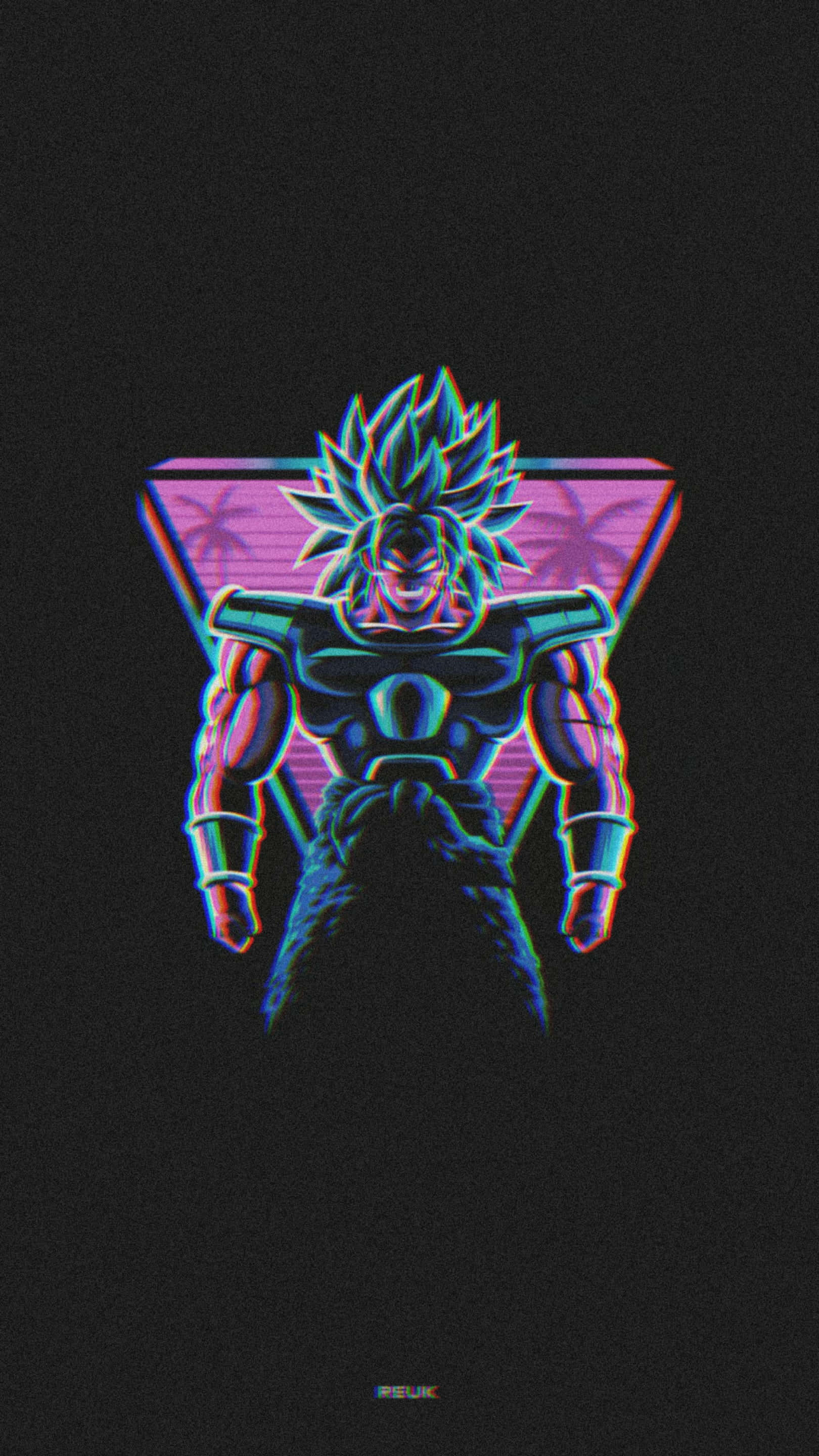 Gogeta And Vegito 桌布 壁紙 — 一個發光的動漫戰士，有著尖刺頭髮，站在一個霓虹三角形內，背景為深色並帶有色彩像差效果。