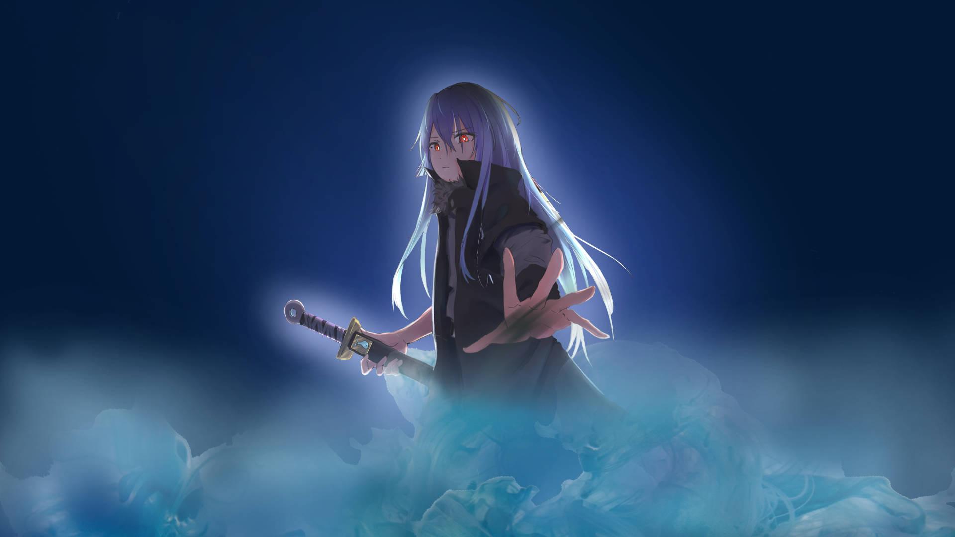 Rimuru 桌布 壁紙 — 一個發光的動漫戰士，紫色頭髮和紅色眼睛，站在旋轉的藍色迷霧中，手持一把劍。