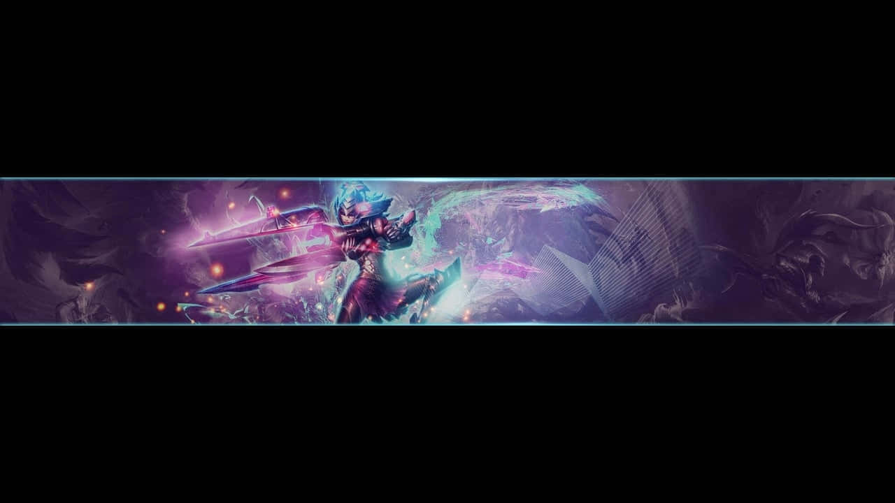 Banner 桌布 壁紙 — 一個發光的動漫戰士，藍色頭髮，在黑暗的宇宙背景下，揮舞著一把閃耀的劍，周圍環繞著旋轉的紫色和青色能量。