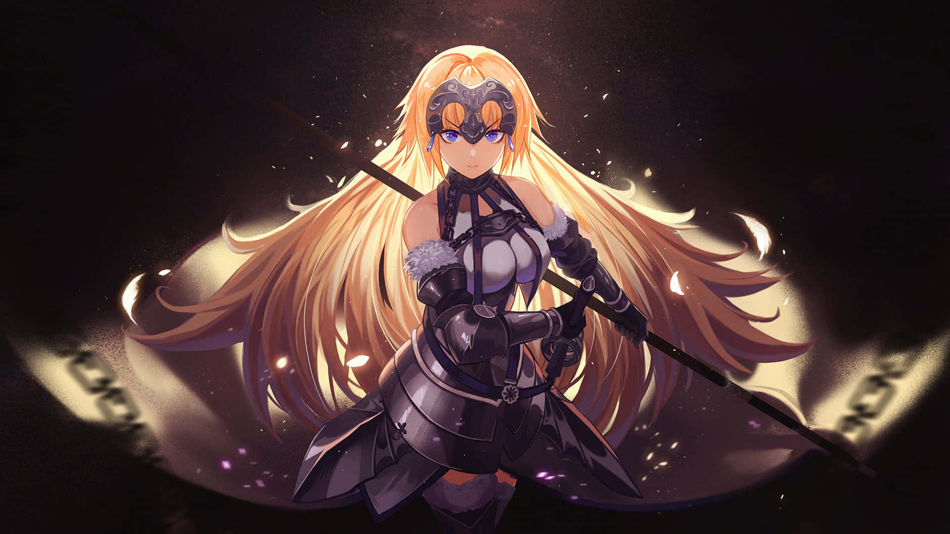 Fate/Grand Order 桌布 壁紙 — 一個發光的動漫戰士，長長的金髮和面具，在黑暗的宇宙背景下揮舞長矛。