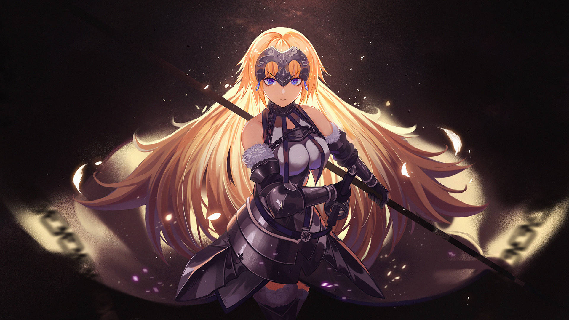 Fate Series 桌布 壁紙 — 一個發光的動漫戰士，長長的金髮和面具，在黑暗的宇宙背景下揮舞著長矛。